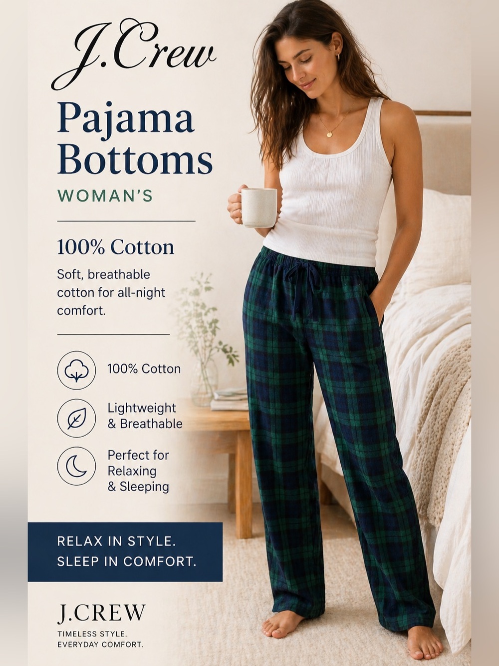 J. Crew Navy‎ & Forest Green Plaid Lounge Pants small 100% COTTON